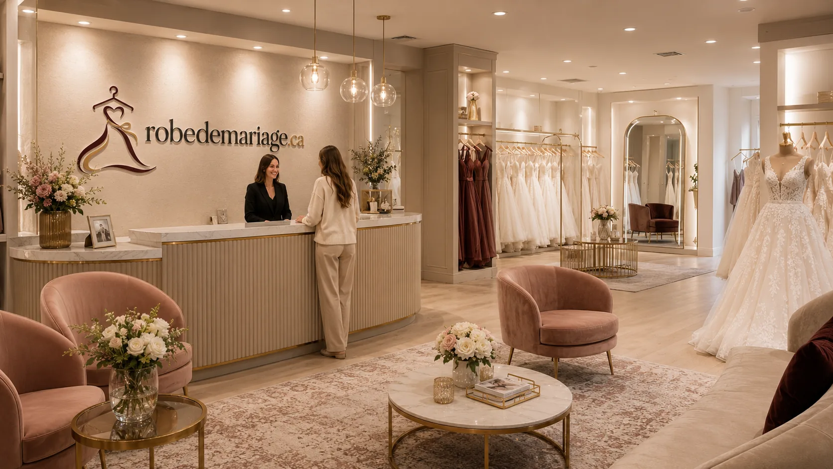 Intérieur d'une boutique de robes de mariée : comptoir d'accueil, présentoirs de robes et fauteuils