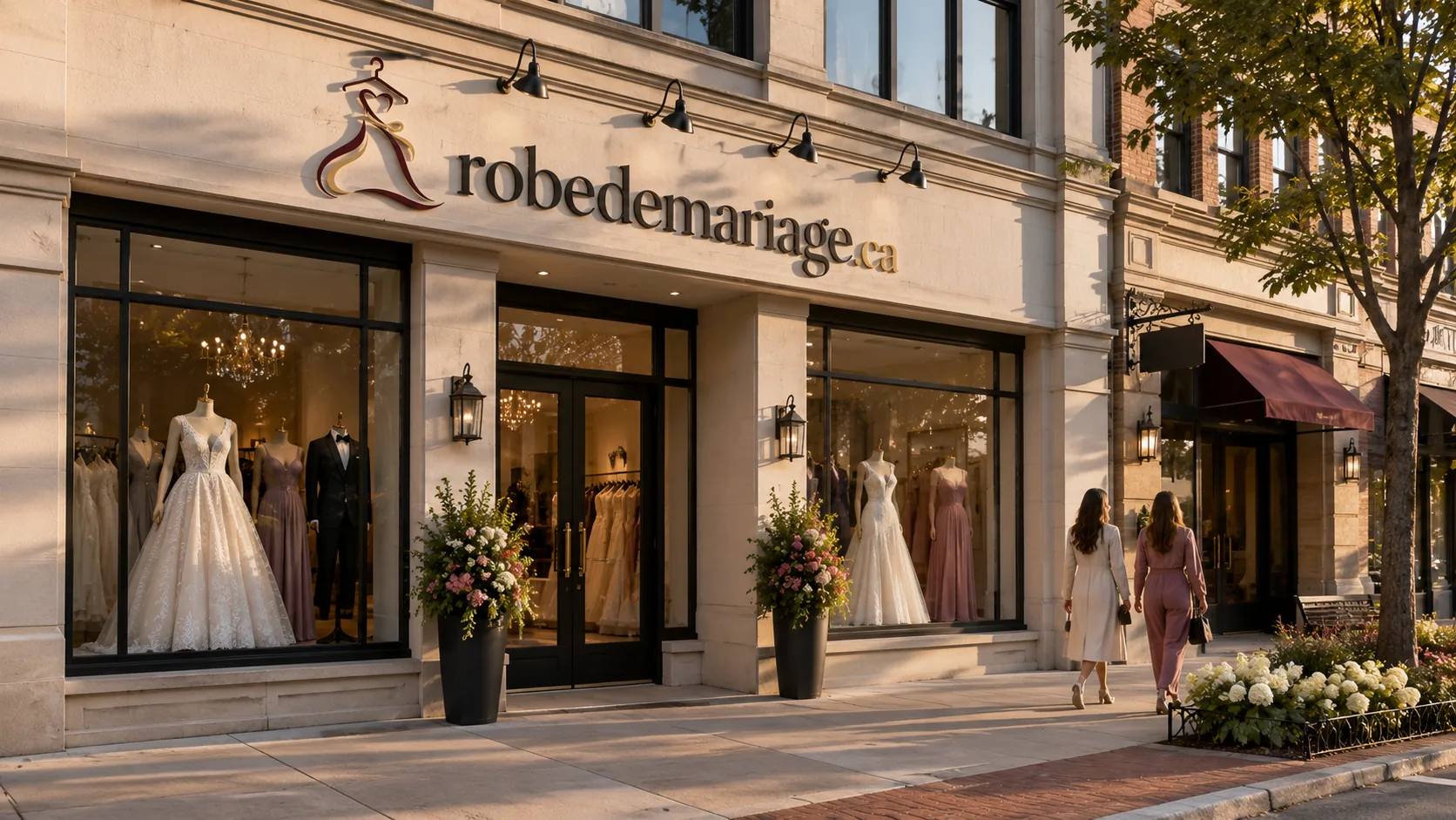 Façade d'une boutique de robes de mariée avec vitrines et mannequins