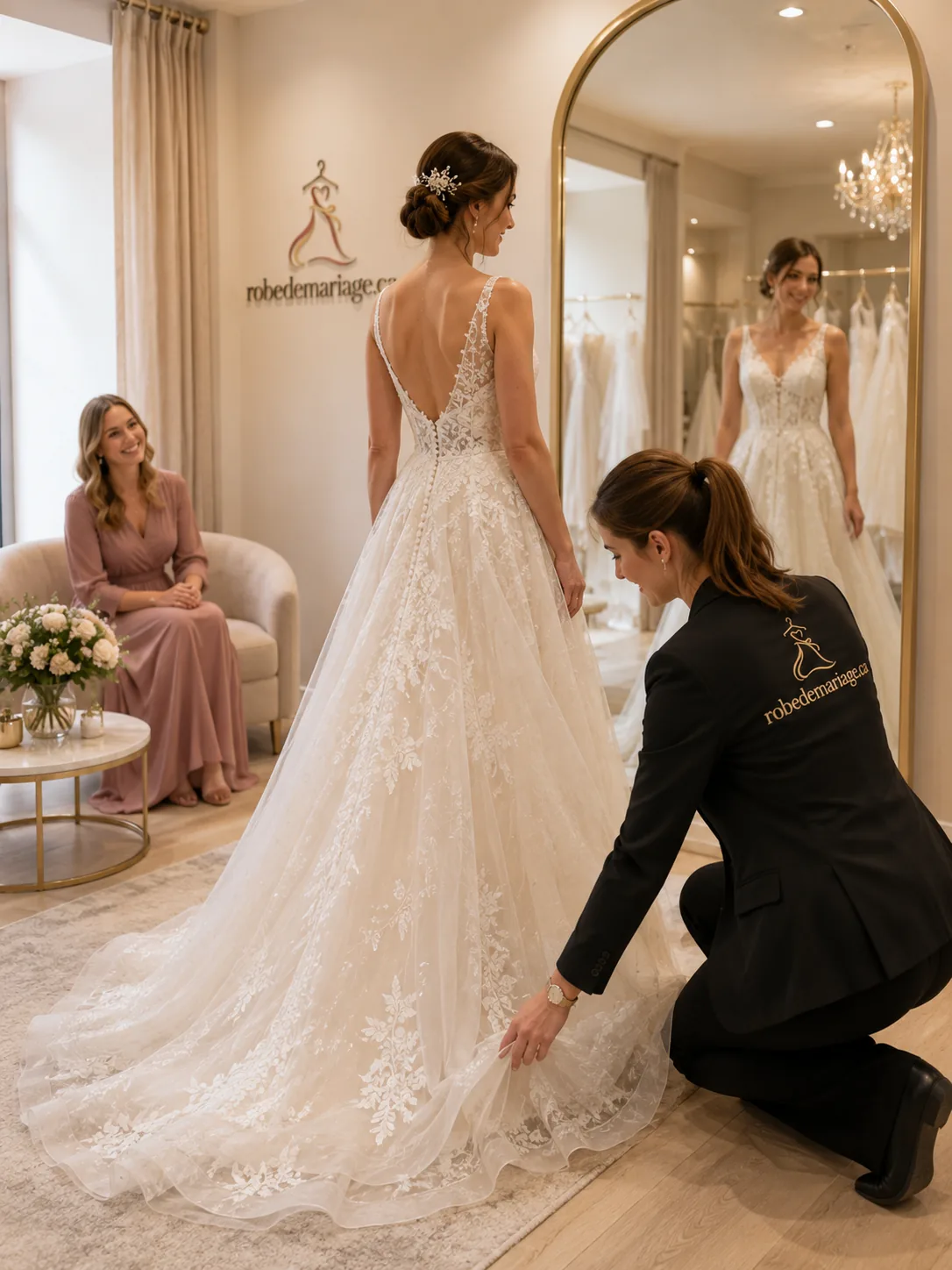 Essayage d'une robe de mariée devant un miroir, avec une conseillère qui ajuste la traîne